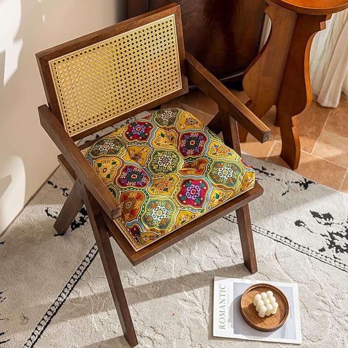 vctops Boho Geometric Chair Cushions with Ties U-Shaped Soft Cozy Cotton Linen Chair Pads Non Slip Seat Cushions for Indoor Dining Room and Kitchen Chairs (Yellow,18"x18")