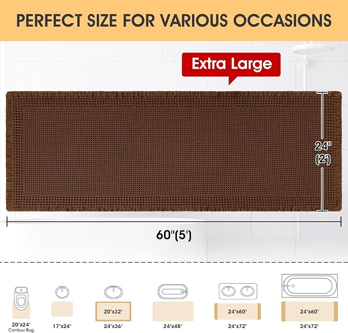 Extra Large Waffle Bath Mat, Boho Woven Modern Bath Rug Absorbent Non Slip, Ultra Soft Bathroom Mats, Machine Washable Knit Bath Rugs with Border for Bathroom, Bedroom, Kitchen, Tub, 5'x2', Brown