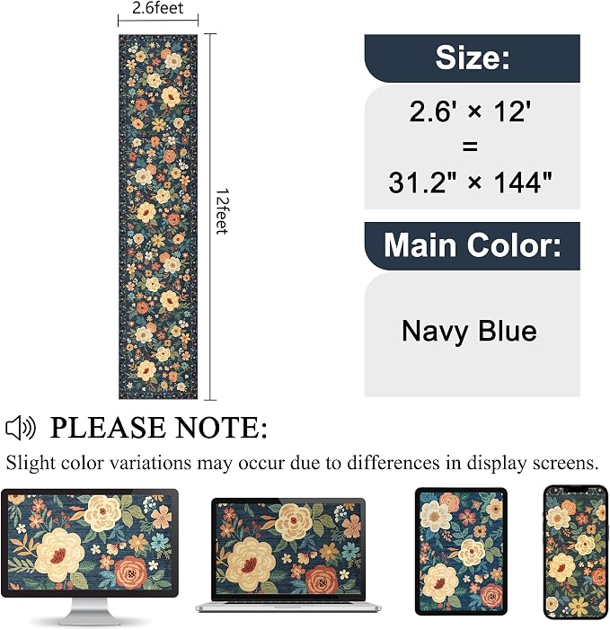DUKINO 2.6x12 Kitchen Runner Rug, Lightweight Floral Washable Rug for Hallway, Boho Low Pile & Non Slip Backing Soft Floor Carpet for Entryway, Bedroom, Bathroom, Laundry, Navy Blue