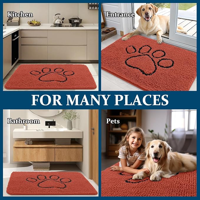 OLANLY Dog Door Mat for Muddy Paws 30x20, Paw Print Design, Absorbs Moisture and Dirt, Absorbent Non-Slip Washable Doormat, Quick Dry Chenille Mud Mat for Dogs, Entry Indoor Entryway Carpet, Maple Red