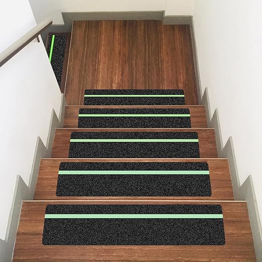 10 Pack 4” x 24” Anti Slip Traction Treads with Glow in The Dark Stripe, Outdoor Waterproof Non Skid Pre-Cut Tape with Roller, High Traction Friction Abrasive Adhesive for Stairs Step