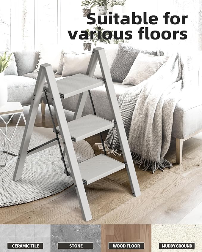 HillhutApex 3 Step Stool, Aluminum Foldable Step Ladder, Lightweight Stable Stool with Wide Non-Slip Pedals, 330lbs Bearing Capacity Ladder for Office,Home,Kitchen - Grey