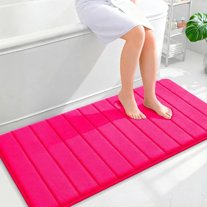 OLANLY Memory Foam Long Bathroom Rugs Runner 47x24, Super Soft Absorbent Bath Mat, Quick Dry, Machine Washable Shower Floor Rugs, Bathmat Carpet, Bathroom Home Decor Accessories, Hot Pink
