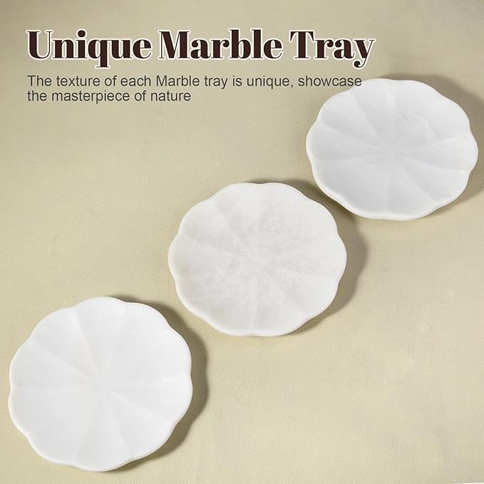 Koville Marble Tray, 8" Round Scalloped Marble Vanity Tray for Jewelry Trinket Perfume, Natural Stone Tray for Bathroom Kitchen Dresser Countertop, Decorative Catchall Tray Home Decor(White)