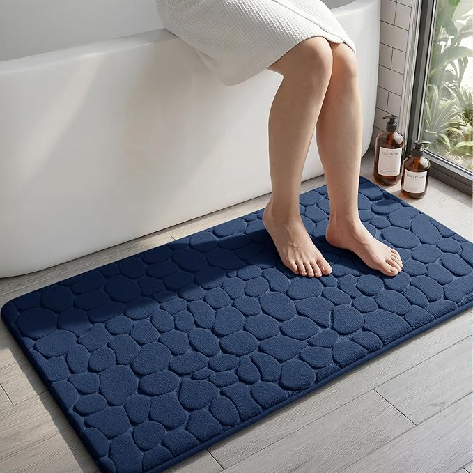 YIHOUSE Memory Foam Runner Rug, Cobblestone Bathroom Runner Rugs Super Water Absorbent Bath Mats for Bathroom Machine Washable Bath Rugs for Hallway Bedroom Laundry Room(26 x 50,Dark Blue)