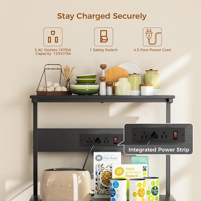 VUSIGN Kitchen Bakers Rack with Power Outlet, 4 Tiers Microwave Stand with Storage, 23.6 Inch Coffee Bar Station with 6 S Hooks, Adjustable Shelf Rack for Pots/Pans/Spices, Black