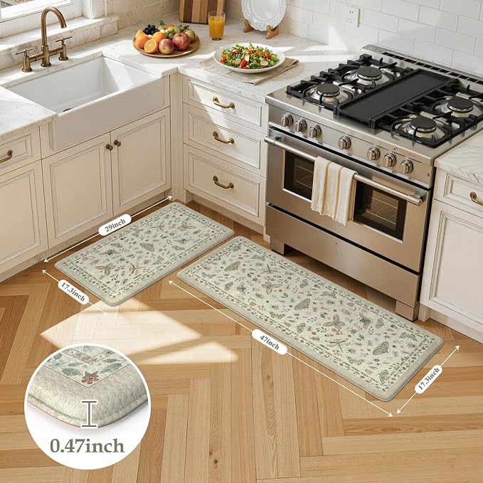 LEEVAN Anti Fatigue Mats for Kitchen Floor Non-Slip, Cushioned Kitchen Mats for Floor 2 Piece, Tan Memory Foam Kitchen Mat Set, Waterproof Ergonomic Standing Mat for Bar, Office,Desk, Laundry
