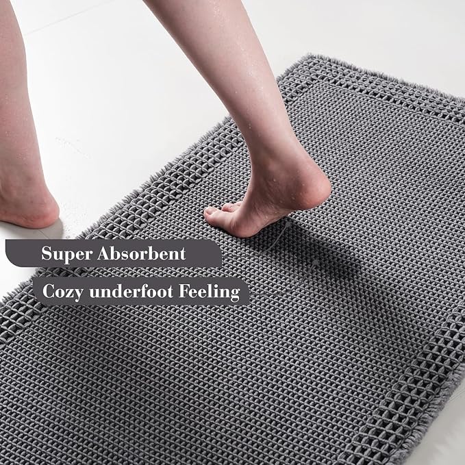 RESARE Waffle Bathroom Runner Rugs, Super Absorbent Bath Mat Non Slip Washable Quick Dry, Upgraded Ultra Soft Boho Bath Rugs with Tassels, Farmhouse Home Decor Accessories, 2'x4'(24"x48") Dark Grey
