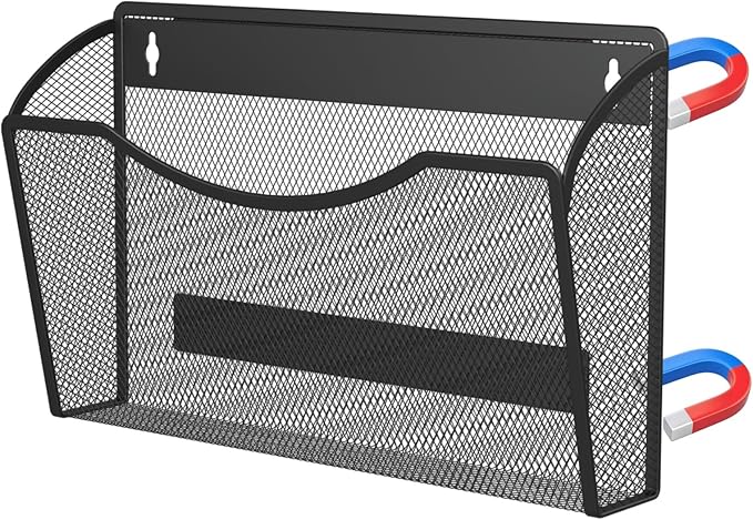 MINDEPOT Magnetic Wall File Holder - Metal Mesh Wall File Organizer with Powerful Magnet Single Pocket Wall Folder Holder for Office File Cabinet Whiteboard, No Assembly Required, Space Saver, Black