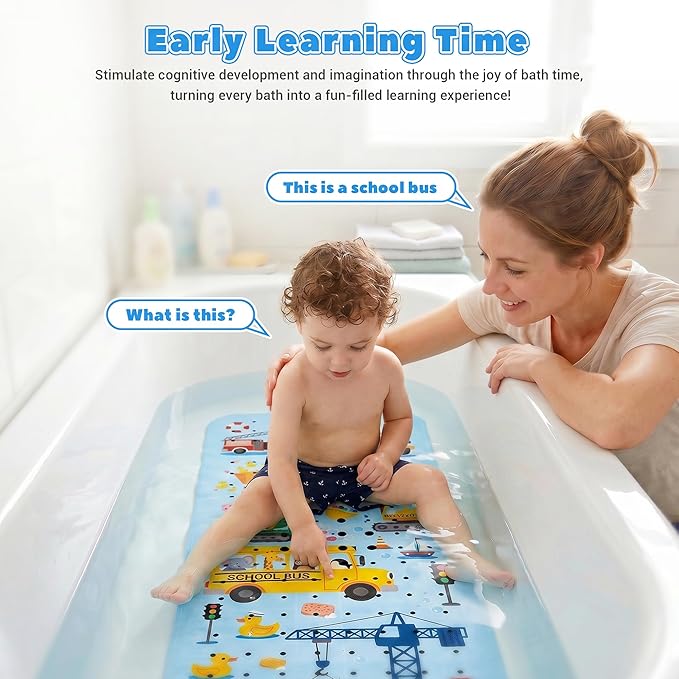 UNEEDE Baby Bathtub Mat Non Slip with 200 Suction Cups & 176 Drain Holes, 40''x16'' Quick Dry Bath Mat, Machine Washable Shower Mat for Toddlers & Kids, Vehicles Pattern