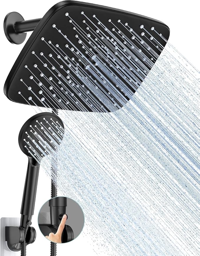 Veken 11.8 Inch Rain Shower Head with Handheld- High Pressure Dual Shower Heads with 5 Modes Hand held Spray Combo- Wide Rainfall Showerhead with Hose, Bathroom Accessories, Matte Black