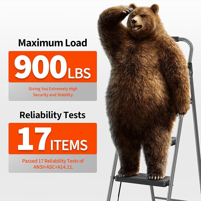 DIAMONDFORGE 3-Step Ladder Folding Step Stool with Anti-Slip Wide Pedal & Soft Handle, Heavy Duty Steel Construction, 900 lbs Capacity for Home & Office, Grey