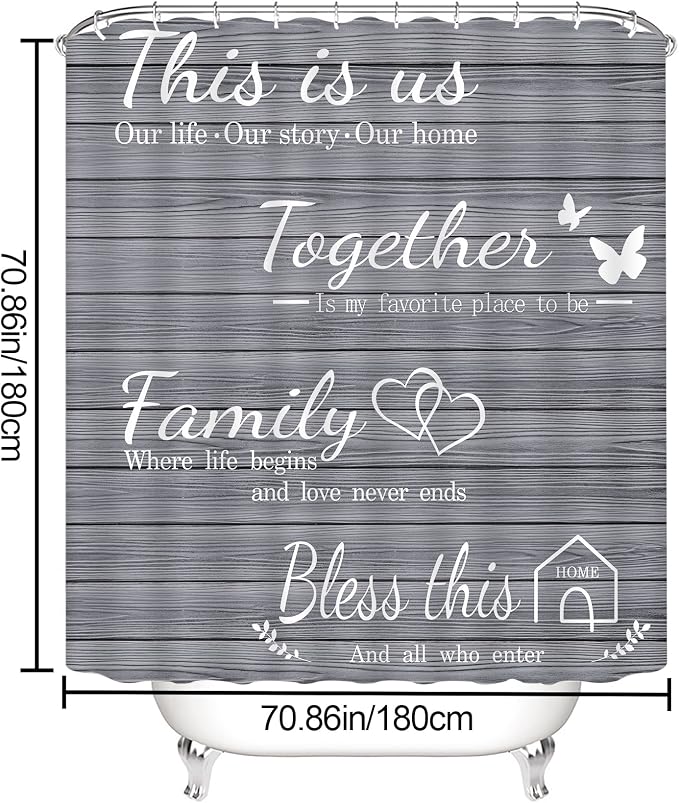 4Pcs Family Shower Curtain Sets with Non-Slip Rugs, Toilet Lid Cover and Bath Mat, Grey Home Bathroom Decor Set Accessories Waterproof Shower Curtains with 12 Hooks, 72 x 72 Inch
