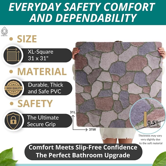 Square Shower Mat - Non Slip Shower Mats for Inside Shower - Extra Large 31x31 Shower Floor Mat Non Slip - Square Bath Mat for Shower - Secure Anti Slip Loofah Shower Bath Mat (31x31 Stone Path)