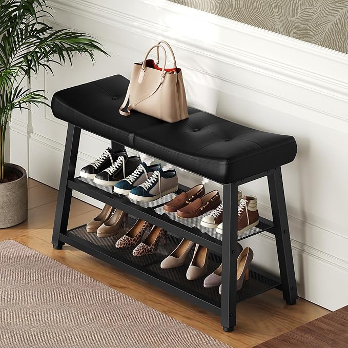 YATINEY Shoe Bench, 3-Tier Shoe Rack, Entryway Bench with Storage and Cushion, for Hallway, Foyer, Bedroom, Black HX02BB