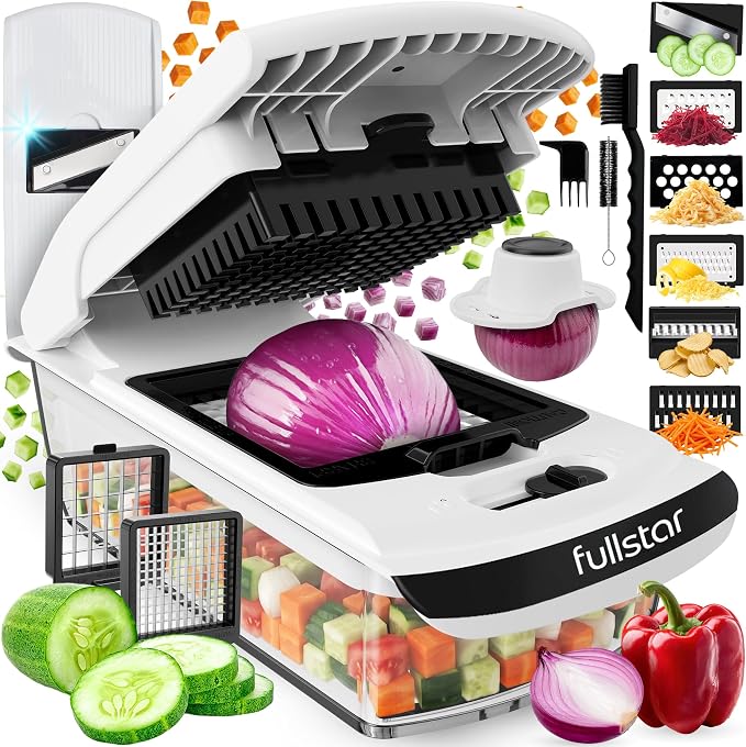 Fullstar All in One Vegetable Chopper and Mandoline Slicer - Food Chopper with Container and Julienne Slicer, Fruit Slicer, Veggie Cutter, Kitchen Gadgets & Gift for Mom (8 in 1, White)