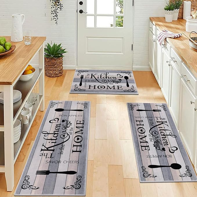 Vaukki Boho Kitchen Rug Sets 3 Pieces, Washable Kitchen Mats for Floor, Non Slip Soft Kitchen Area Rug Floor Mat for Kitchen, Laundry Room and Hallway (Grey and Beige, 20''x32''+20''x47''+20''x59'')