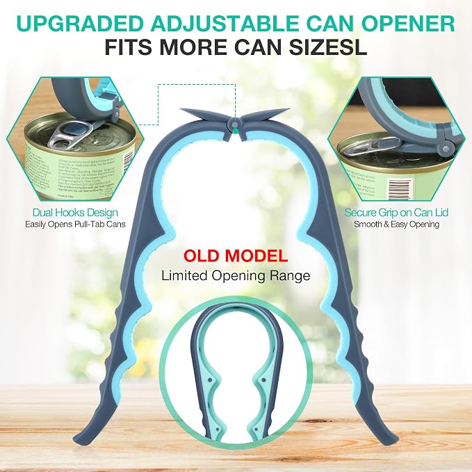 Jar Openers for Weak Hands, 4 Piece Kitchen Opening Set with 5 in 1 Bottle Opener, Adjustable Stainless Steel Jar Opener and 2 Keychain Bottle Openers, Easy Grip Solution for Seniors & Arthritis
