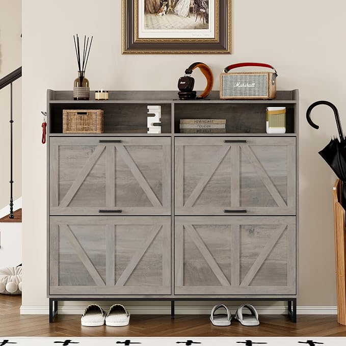 BORNOON Shoe Cabinet with 4 Flip Drawers Narrow Shoe Storage Cabinet Organizer Wooden Freestanding Shoe Rack Hidden Slim Shoes Storage Cabinet for Entryway, Hallway, Living Room, Bedroom