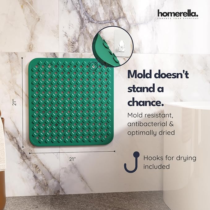 homerella® Shower Mat Non Slip Anti Mold, Non Slip Shower Mats for Inside Shower Stall Anti Slip Mat, Square Shower Floor Mat 21 x 21 in with Suction Cups & Hooks for Quick Drying, Machine Washable