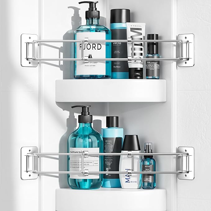 songsoso 2 Pack RV Shower Corner Storage Bar, Camper Shower Caddy, 7–13 Inches Adjustable Bathroom Organizer, Stainless RV Wall Accessories