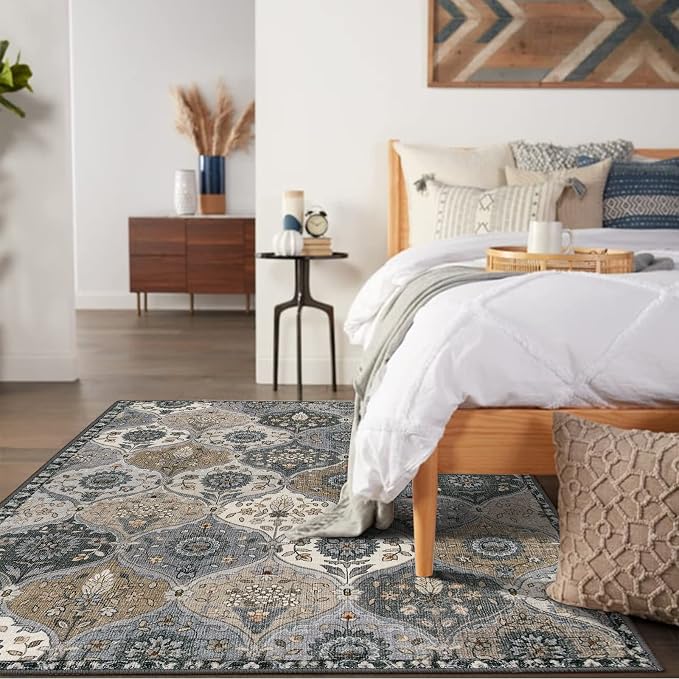 Lahome Moroccan Trellis Washable Area Rug, 5x7 Rugs for Living Room Indoor Non-Slip, Large Oriental Accent Throw Carpet for Bedroom Entryway Bathroom Office Elise, Grey