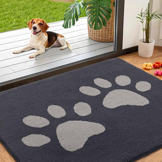 Smiry Dog Door Mat for Muddy Paws, Absorbs Moisture and Dirt, Low-Profile Entryway Mat with Non-Slip Backing, Entry Indoor Outdoor Doormat for Inside Floor (40x32 Inches, Dark Grey, Paw