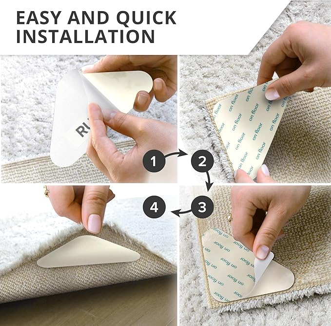 X-Protector Rug Tape - 12 Pcs Set - White Anti-Slip & Anti-Curling Carpet Tape for Hard Floors - Premium Rug Pad Gripper - Carpet Corner Grippers to Keep Your Carpet in Place & Make Corners Flat