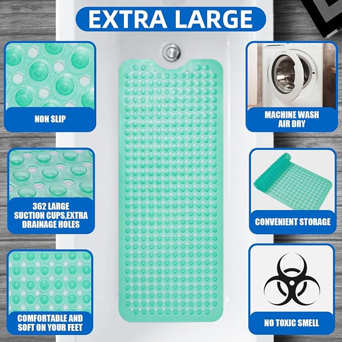 ZHICHENG Bath Tub and Shower Mats, Non-Slip 39 x 16 Inch Extra Long Bath Mat, Machine Washable Bathtub Mat with Drain Holes, Suction Cups for Bathroom (Colour Green)