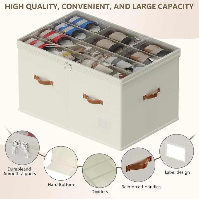 Shoe Organizer for Closet, 2 Pack Shoe Storage Bins Foldable Shoe Storage Box Containers with Clear Cover and Sturdy Handles, Shoe Rack for Closet Storage for Sneakers Heels Slippers, Fit 12-24 Pairs