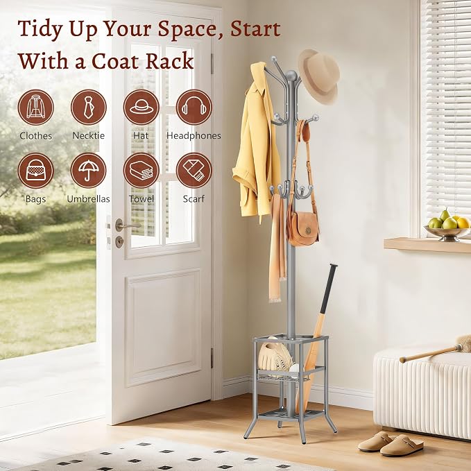FAVOOSTY Coat Rack Freestanding,Coat Rack Stand with Umbrella Holder,Metal Coat Tree with 12 Hooks,Tree Clothes Hat for Entryway, Hallway, Bedroom, Living Room & Office - Silver Grey