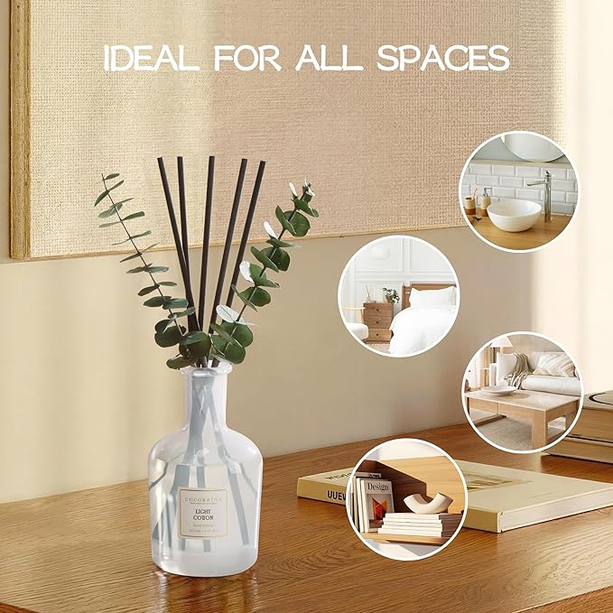 COCORRÍNA Light Cotton Reed Diffuser – 6.76 oz Essential Oil with 8 Reeds & Real Eucalyptus Sticks, Home Fragrance for Bedroom or Bathroom Décor