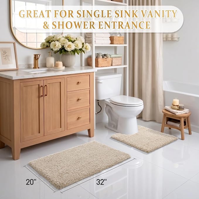 Yimobra Bath Rugs for Bathroom 32X20, Ultra Soft and Water Absorbent Bath Mats, Non Slip Plush Shower Mat Outside, Microfiber Mats for Bathroom Floor/Tub, Machine Washable, Light Beige and White