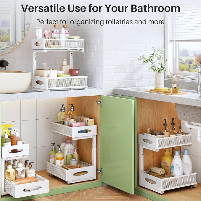 Under Sink Organizer, 2 Tier Pull out Cabinet Organizer Baskets with Mesh Sliding Drawers, Slide out Storage Shelf for Home, Kitchen, Bathroom, Pantry, Office Cabinet(1 Pack, White)