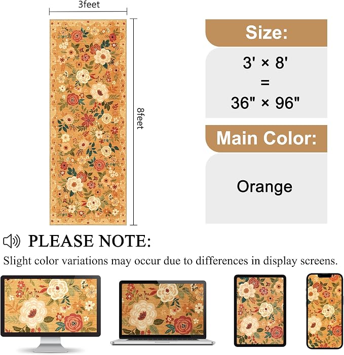 DUKINO 3x8 Runner Rug, Washable Rug for Kitchen with Non Slip Backing, Soft Non Shedding & Low Pile Design Long Floor Carpet Runner for Hallway, Bathroom, Entryway, Laundry, Orange