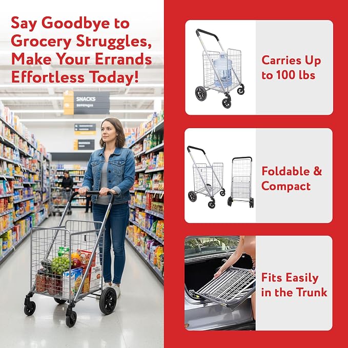 dbest Products Cruiser Cart Deluxe 2 - Foldable Shopping Cart with Wheels & Brake System - Heavy Duty Collapsible Utility Cart for Groceries & Laundry - Holds 100 lbs - Silver, Alloy Steel