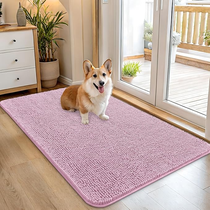 OLANLY Dog Door Mat for Muddy Paws 45x27, Absorbs Moisture and Dirt, Absorbent Non-Slip Washable Doormat, Quick Dry Chenille Mud Mat for Dogs, Entry Indoor Entryway Carpet for Inside Floor, Dusty Rose