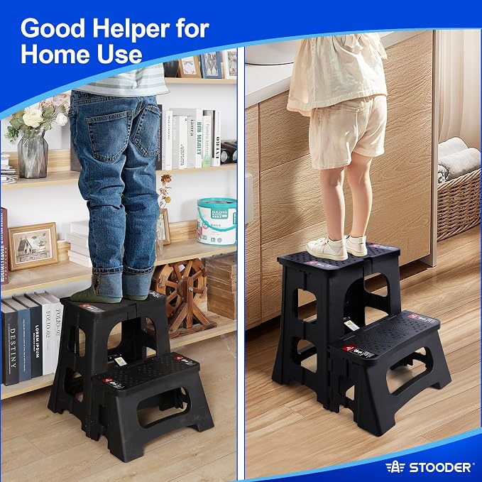 Folding Step Stool, 2-Step 8" 17", Non-Slip, 300lb Capacity | No Assembly, Stable A-Frame, Safety Lock, Anti-Slip Rubber Feet, Collapsible Stool for Kitchen Bathroom Bed RV Offic Garden