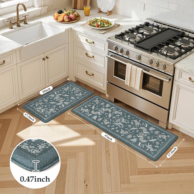 LEEVAN Anti Fatigue Mats for Kitchen Floor Non-Slip, Cushioned Kitchen Mats for Floor 2 Piece, Blue Memory Foam Kitchen Mat Set, Waterproof Ergonomic Standing Mat for Bar, Office,Desk, Laundry