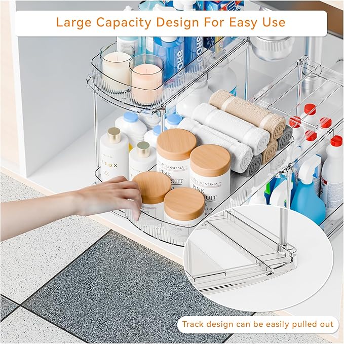 Yieach 3 Pack 13.8″ Deep 2 Tier Under Sink Storage Organizer,Large Pull Out Bathroom Organizers and Storage,Slide Out Acrylic Undersink Storage Shelf,Kitchen Under Sink Organizer for Cleaning Products