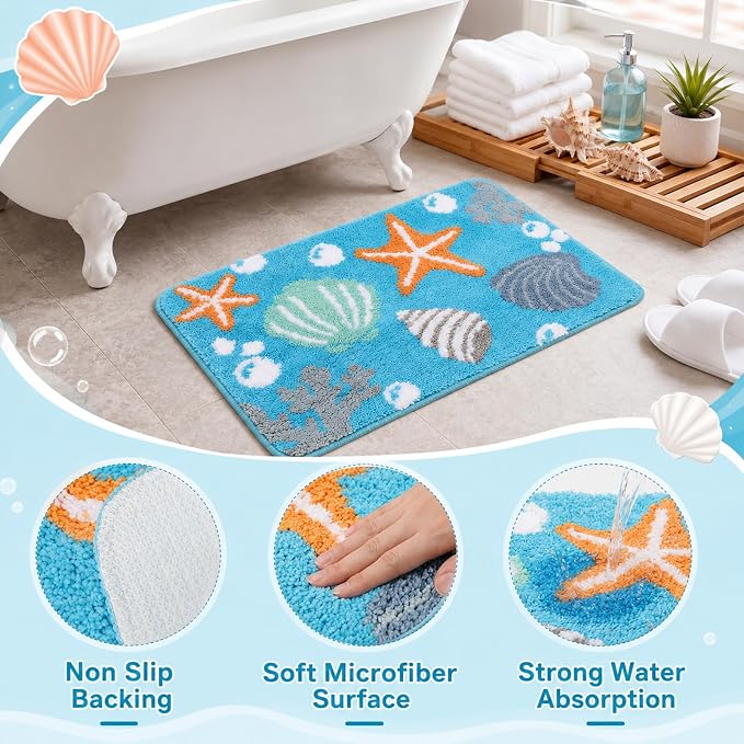 Capoda 1 Pcs Coastal Beach Bathroom Rug 20 x 30 Inch Starfish Seashells Coral Bath Mat Non-Slip Soft Plush Microfiber Ocean Themed Shower Rug for Bathroom Bedroom Entryway Decor(Coastal, Light Blue)