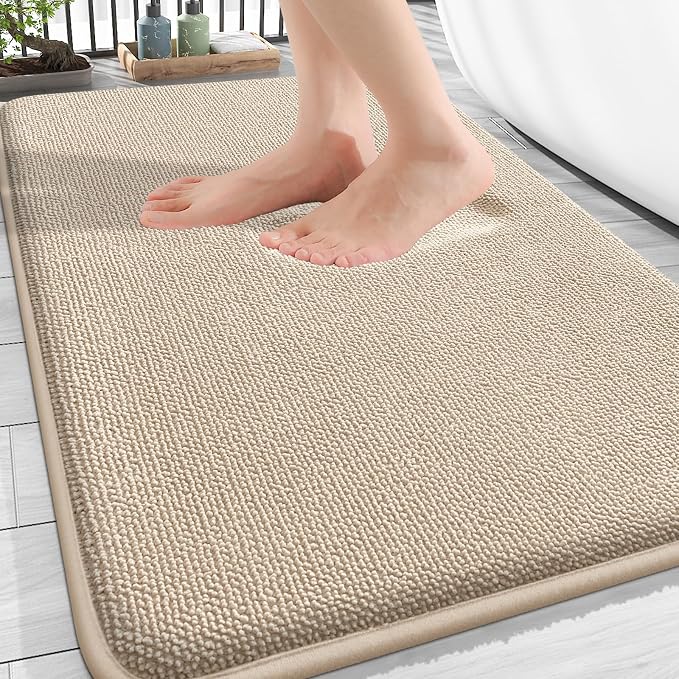 OLANLY Thick Memory Foam Bath Mat Rug 32x20, Extra Soft Absorbent Bathroom Rug, Quick Dry Bath Mats, Non-Slip, Machine Washable Carpet for Bathroom, Tub and Shower, Home Decor Accessories, Beige