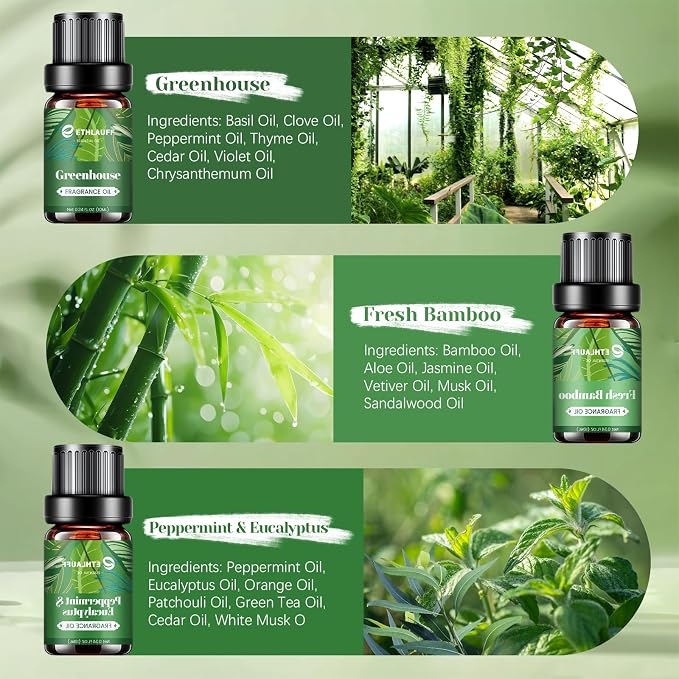 Spring Fragrance Oils Set, Essential Oils for Diffuser for Home, Candle Sopa Making - Enchanted Forest, Willow and Ivy, Clover and Aloe, Fresh Bamboo, Scented Oil Gift Set