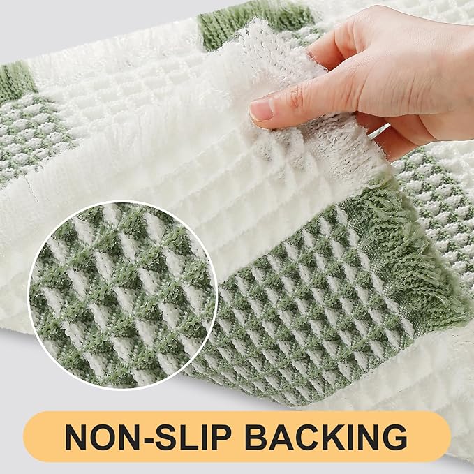 Upgrade Waffle Bath Mat, Boho Bathroom Rugs Absorbent Non Slip, Ultra Soft Bathroom Mat, Machine Washable Knit Bath Rugs with Stripe for Bathroom, Bedroom, Kitchen, Tub, 24"x17", Light Green & White
