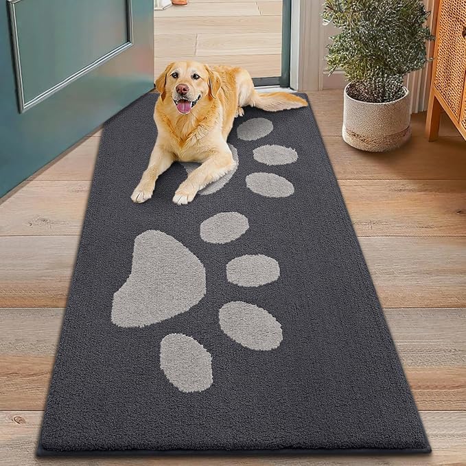 Smiry Dog Door Mat for Muddy Paws, Absorbs Moisture and Dirt, Low-Profile Entryway Mat with Non-Slip Backing, Entry Indoor Outdoor Doormat for Inside Floor (48x30 Inches, Dark Grey, Paw