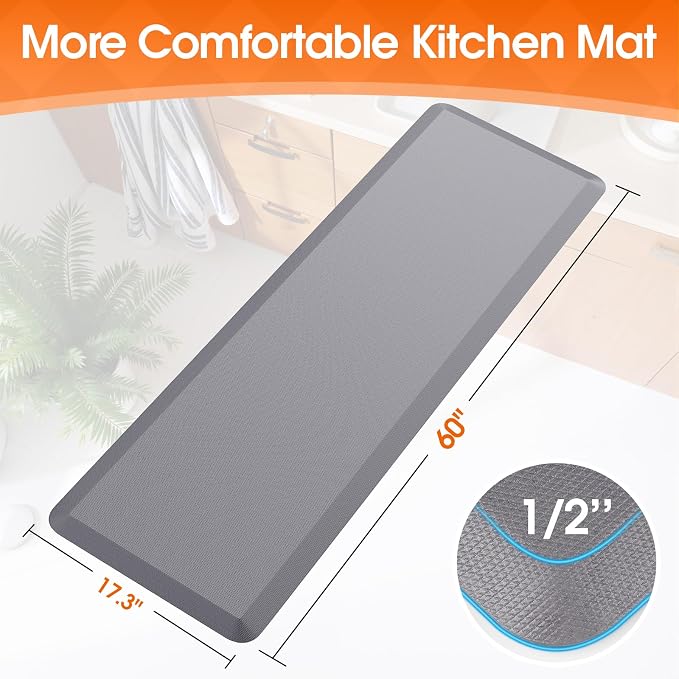TranquilRelax Kitchen Mat, Cushioned Thick Floor Comfort Mat, with Non-Slip Bottom, Waterproof & Stain Resistant & Easy Clean, Standing Desk Mat for Kitchen, Sink, Office (17.3''x60'', Grey)