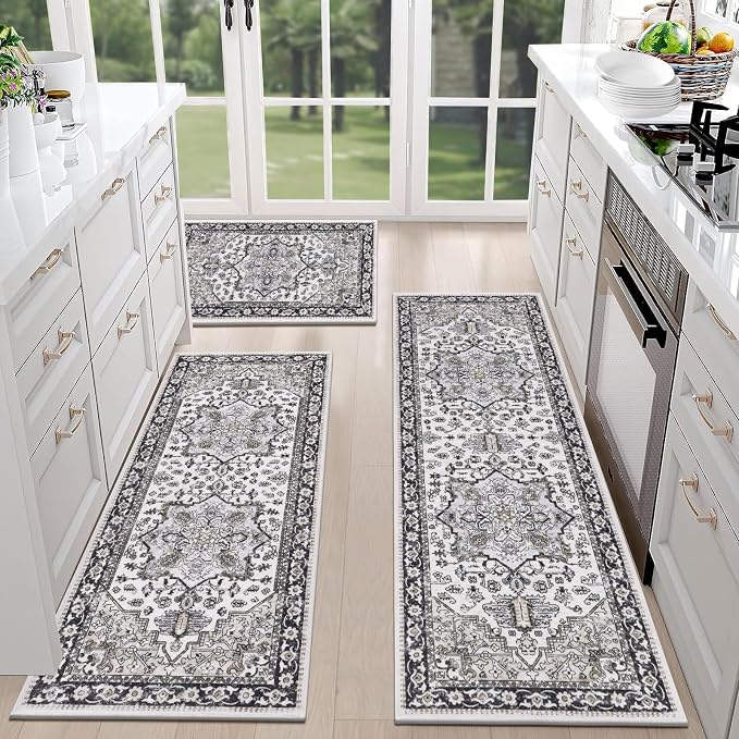 HEBE Boho Kitchen Rug Sets 3 Piece with Runner Non Slip Kitchen Rugs and Mats Washable Kitchen Mats for Floor Thick Kitchen Floor Mat Carpet Runner Rugs for Hallway Laundry Holiday Decor
