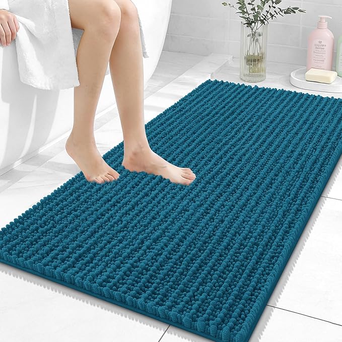 OLANLY Bathroom Rug Mat 44x24, Thick Soft and Absorbent Chenille Bath Mat, Non-Slip Rubber Backing, Machine Washable Quick Dry Bath Rugs for Tub Shower Floor, Home Decor Accessories, Peacock Blue