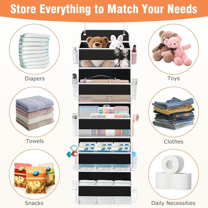 WISELIFE Over the Door Organizer - 5 Shelves Large Capacity Hanging Bedroom Storage Solution with Side Pockets for Dorm Bathroom Pantry Nursery and Baby Essentials Holds up to 40 Lbs Black