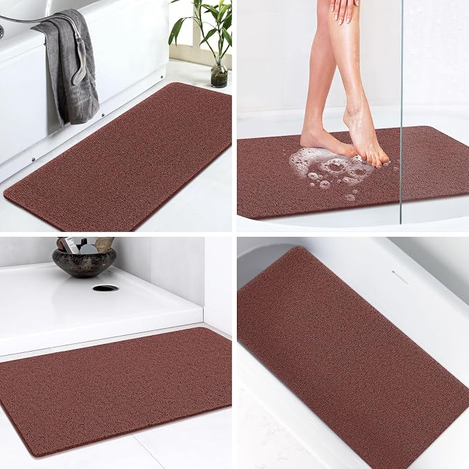 LuxStep Shower Mat Bathtub Mat,32x16 inch, Non-Slip Bath Mat with Drain, Quick Drying PVC Loofah Bathmat for Tub,Shower,Bathroom,Reddish Brown